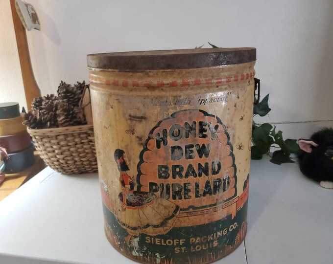 Honey Dew Pure Lard Can With 2 Loop Handles & Lid Rustic Lard Can