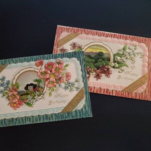 Set of 2 Embossed &quot;A Happy Birthday&quot; Postcards with Cottage Scenes & Flowers / Antique Birthday Postcards Flowers Collectible Ephemera