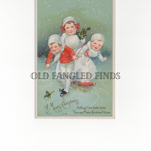 Téléchargement numérique Carte postale de Noël Antique Enfants Patinage sur glace dans la neige / Carte postale numérique Art
