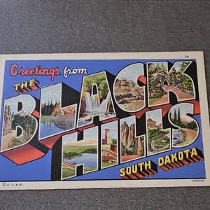 Greetings From BLACK HILLS South Dakota Linen Postcard with Large Letters 3 1/2 X 5 1/2 Curt Teich Collectible Ephemera Gift For Him or Her