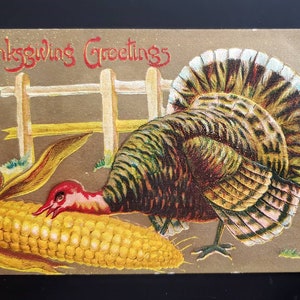 May include: A vintage Thanksgiving greeting card featuring a colorful illustration of a turkey eating corn on the cob. The card has a gold background with a white picket fence and the text "Thanksgiving Greetings".