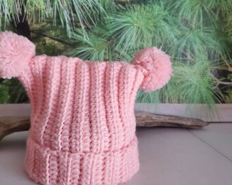 Crochet Pink Jester Style Baby Hat Newborn to 3 Months Size
