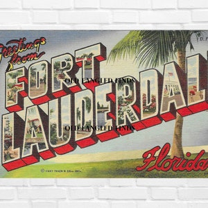 Descarga digital Cartas grandes Saludos de FORT LAUDERDALE Curt Teich Postal de lino Arte postal digital
