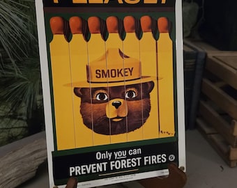 Smokey Bear Porcelain Enamel Sign: Ande Rooney 1988 Vintage Advertising  #5348