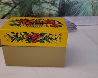 Metal Recipe Box Red Flowers on Yellow Lid Retro Kitchen Storage Box #2293
