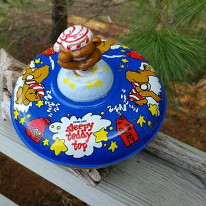Sleepy Teddy Spinning Top Toy Tin Bear Ohio Art USA Vintage Mid Century Spinning Top Toy
