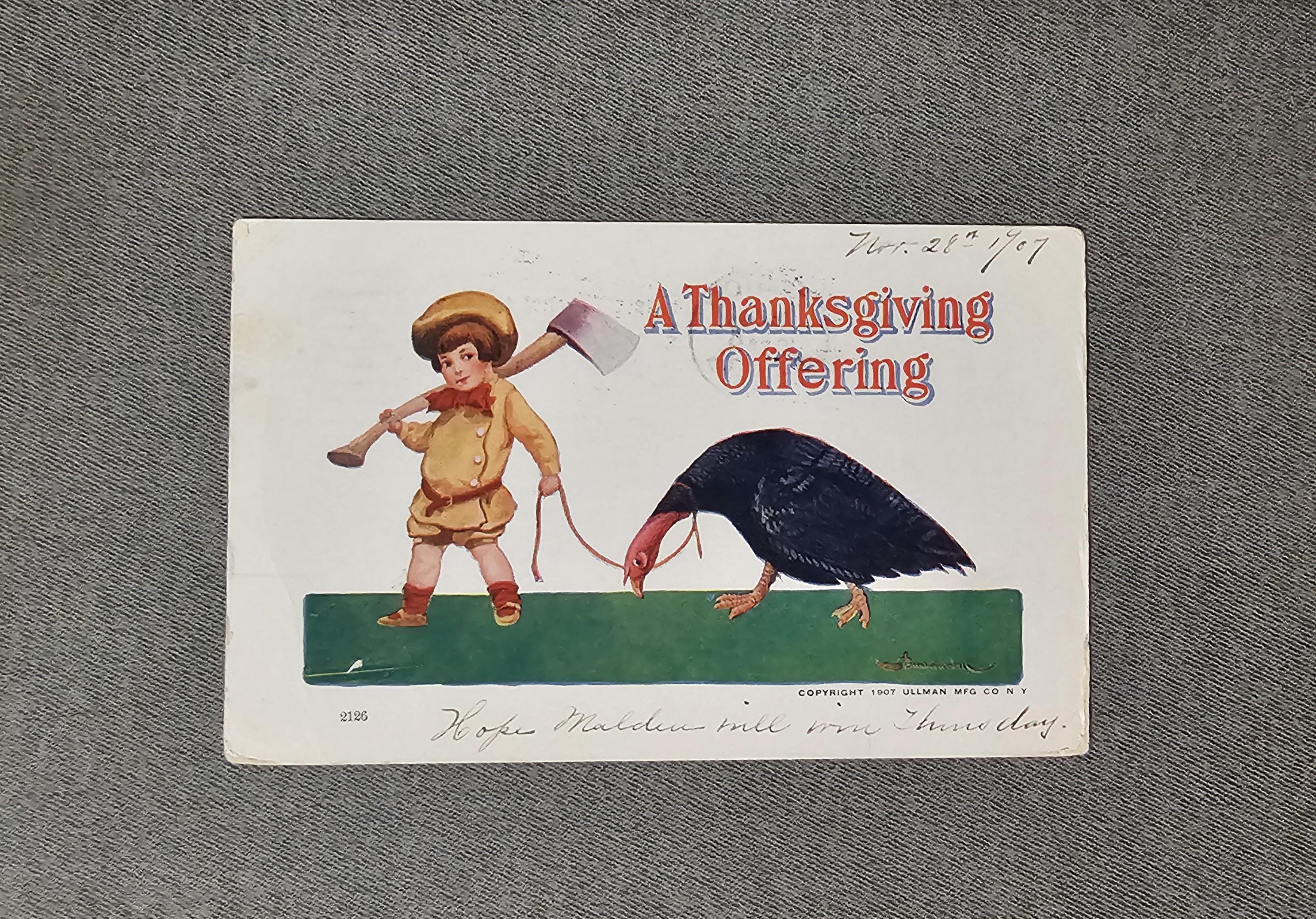 Antique Thanksgiving Postcard: Boy, Turkey, Axe - 1907 Ullman Mfg