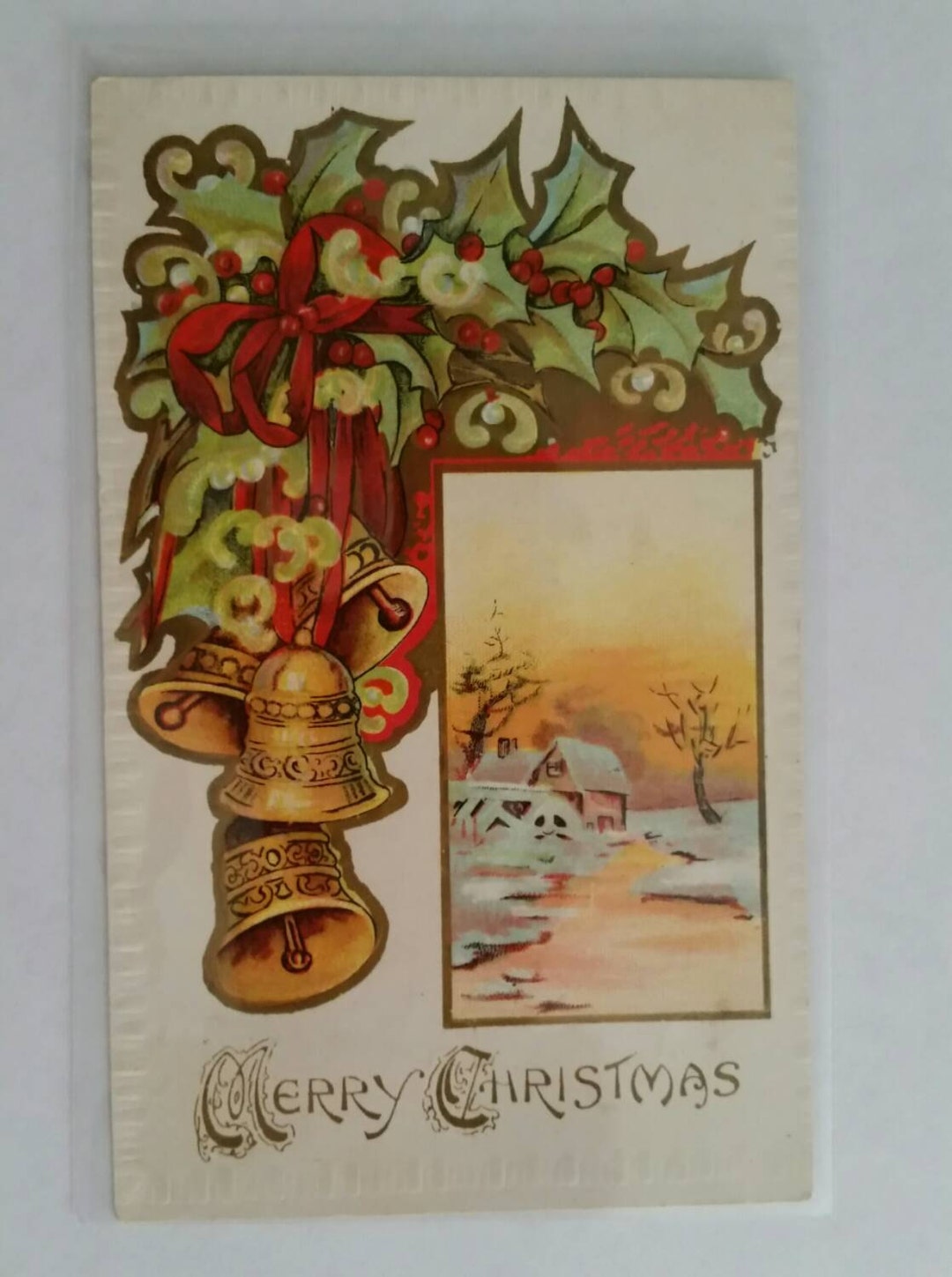 Gold Etched Bells & Holly Merry Christmas Embossed Vintage - Etsy