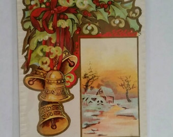Gold Etched Bells & Holly Merry Christmas Embossed Vintage Postcard