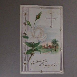To Greet You At Eastertide Country Scene, Cross,  Flower Postcard Antique Collectible Ephemera For Her