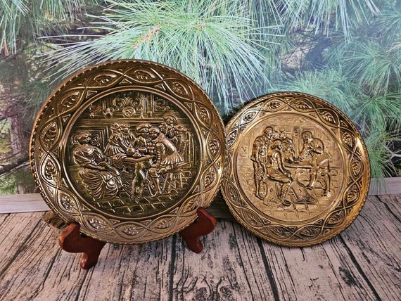 Vintage Brass Wall Plates: Embossed Tavern Scene, Made in England