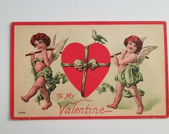 To My Valentine Antique Postcard 2 Angels with a Red Heart Unused