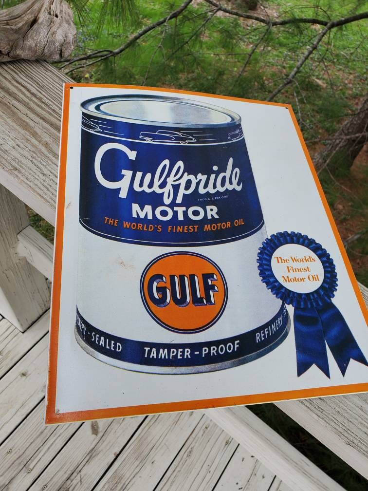 Gulfpride Motor Oil Embossed Metal Sign: Man Cave Decor (14x12