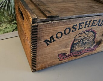 Vintage Moosehead Beer Crate: Canadian Lager, Wood Slide Lid Man