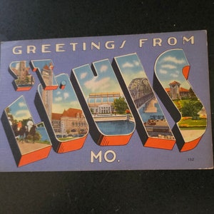 Blue Greetings From ST. LOUIS Linen Postcard Large Letters 3 1/2 X 5 1/2 Forest Park, Shaw&#39;s Garden, Collectible Ephemera Gift For Him