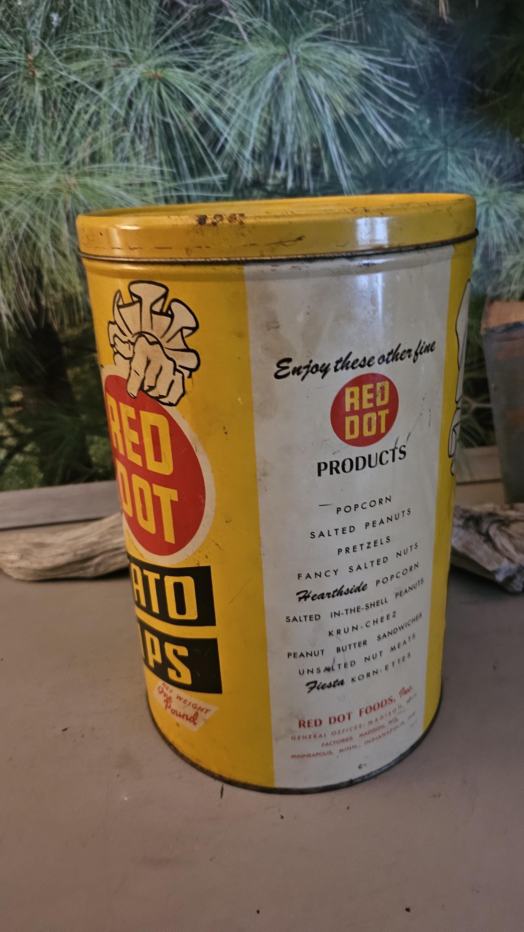 1950s Red Dot Potato Chip Tin Yellow, Red, White Black: Vintage