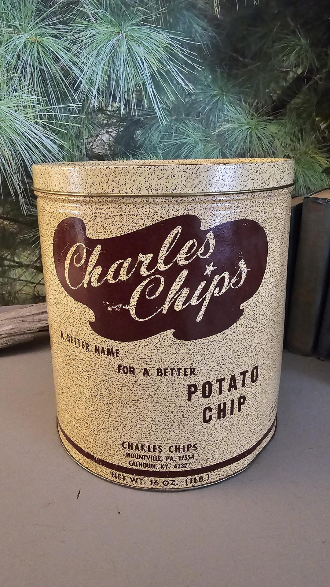 Beige & Brown Charles Chips Potato Chip Can Vintage Advertising Tin ...