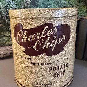 Beige & Brown Charles Chips Potato Chip Can Vintage Advertising Tin, Kitchen Decor Storage Empty  #4262