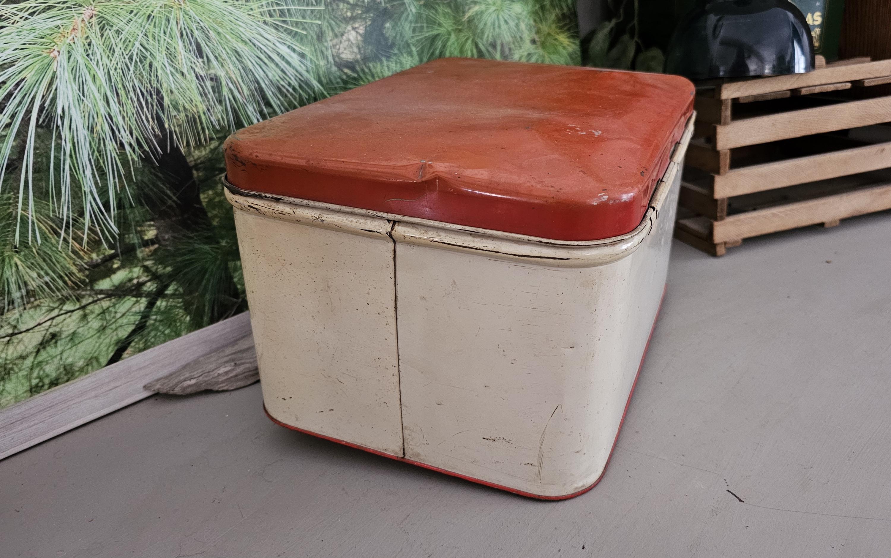 Vintage 1950s Decoware Bread Box: Red Lid, Fruit Motif, MCM