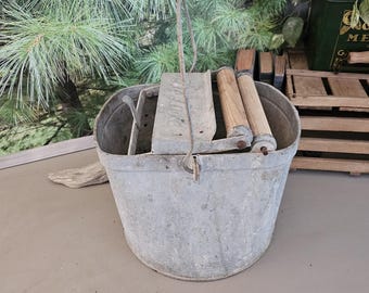 Vintage DELUXE Galvanized Mop Bucket 2 Wood Rollers with Bail Handle #4945