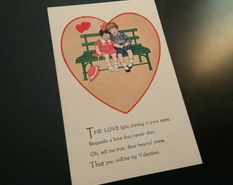 Antique Valentine Postcard Kids On a Bench, Romance Postcard, Valentine's Day Postcard