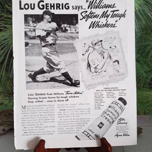 1937, Lou Gehrig, &quot;Williams Shaving Cream&quot; Advertisement (Scarce) / Baseball Player Magazine Ad