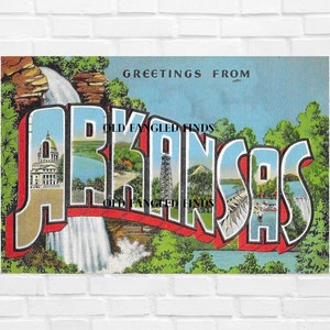 Digital Download Big Letters Greetings From ARKANSAS Curt Teich Linen Postkarte / Digitale Postkarte Art Deco Handwerk Versorgung