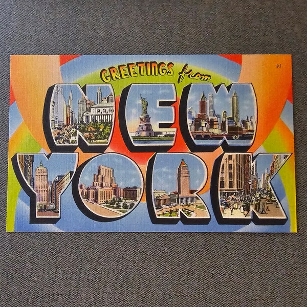 Greetings From NEW YORK Linen Postcard Large Letters 3 1/2 X 5 1/2 Acadia Card Company Unused Postcard Collectible Ephemera Gift For Him