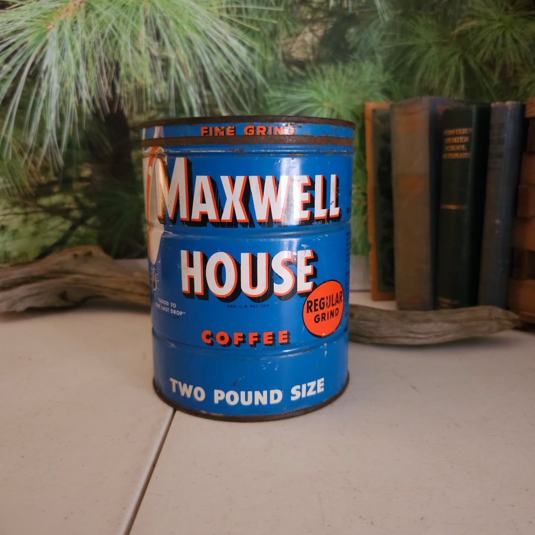 1940's Maxwell House Coffee Can Regular Grind 2 Lb With Lid Antique Coffee Advertising good to