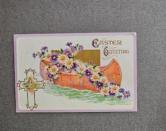 Embossed Easter Postcard: Canoe Filled with Flowers, Collectible Ephemera