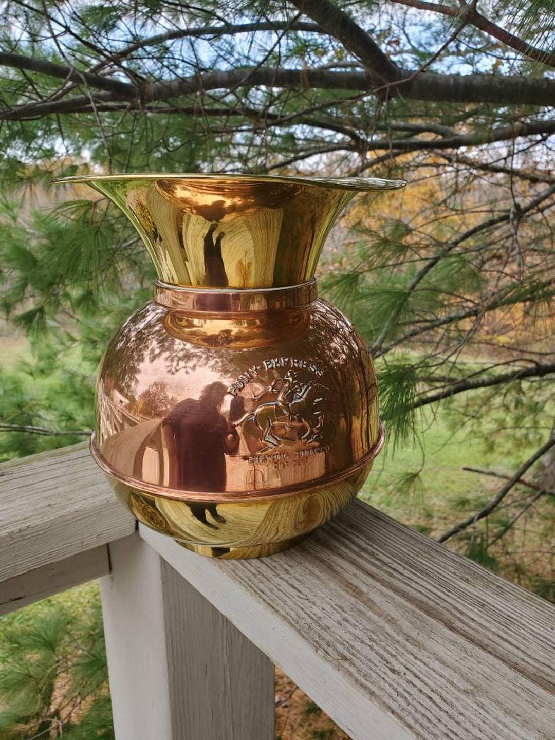 Brass & Copper Spittoon Pony Express Cut Plug Chewing Tobacco / Brass Weighted Base Spittoon / Vintage Home Decor / Man Cave Decor #1385