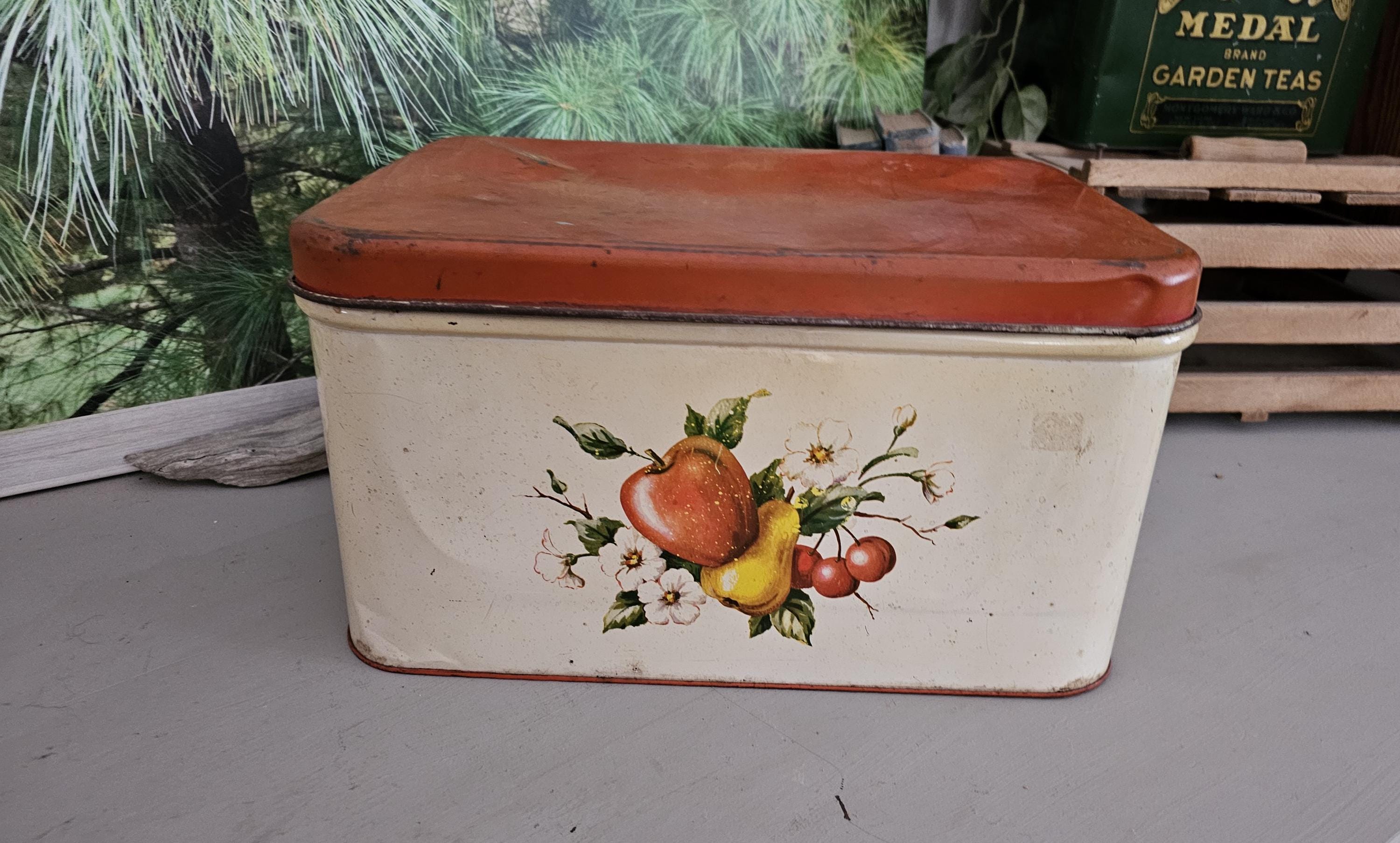 Vintage 1950s Decoware Bread Box: Red Lid, Fruit Motif, MCM