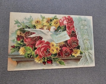 Antique Birthday Postcard: Embossed Doves & Flowers, German Ephemera