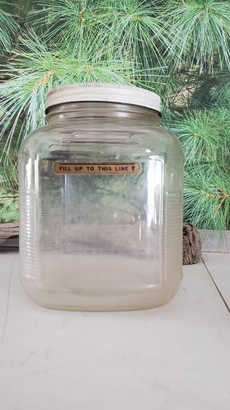 May include: A clear glass jar with a white lid and a label that reads "Fill up to this line".