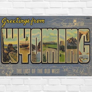 Salutations en téléchargement numérique du WYOMING des années 1940, carte postale en lin, offre d'art mural pour scrapbooking imprimable