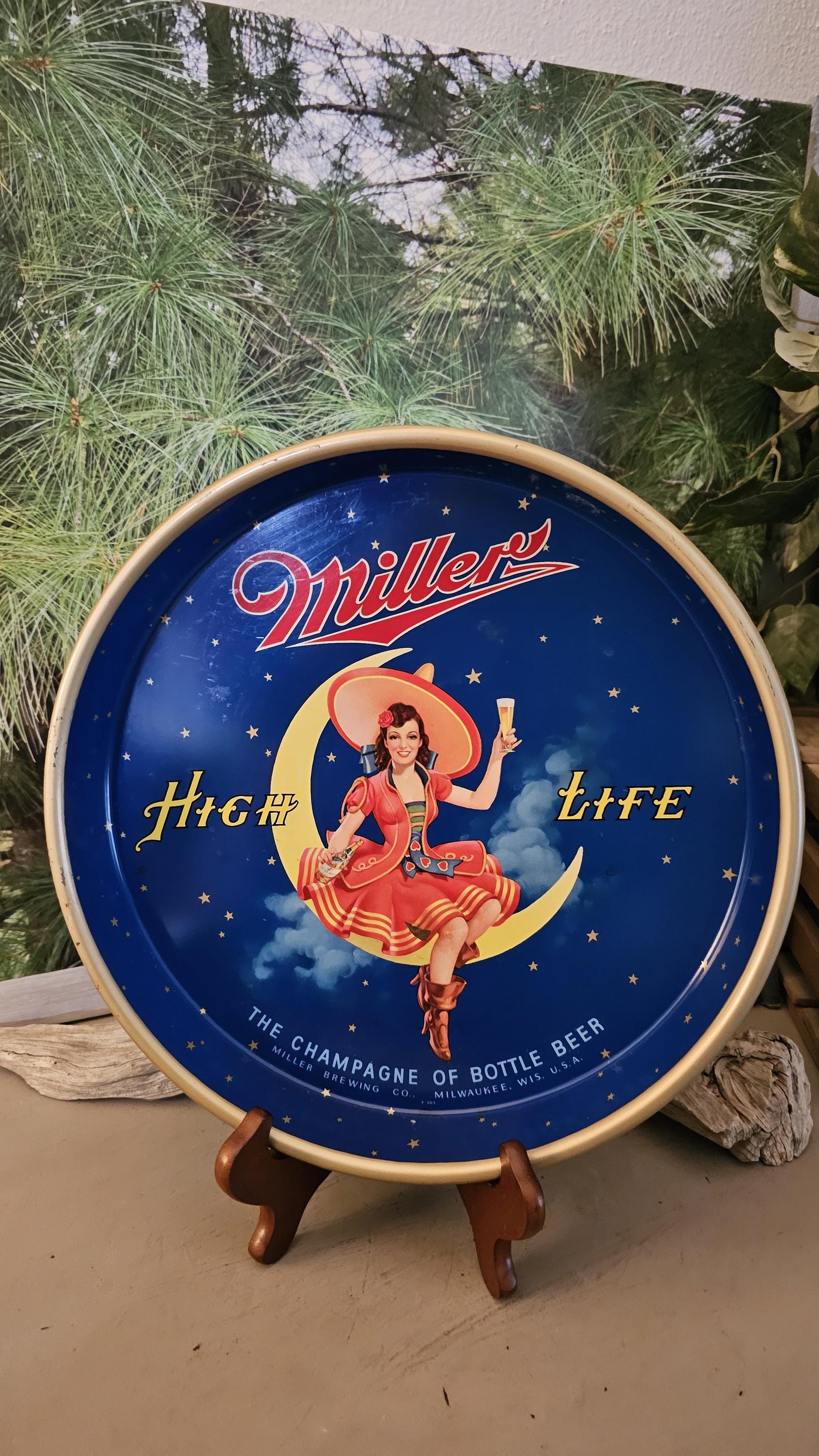 Vintage Miller High Life Bar Tray: Moon Girl Beer Tray, 13 Inch 