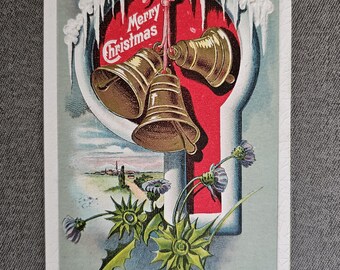 Embossed "A Merry Christmas" Postcard 3 Bells Collectible Ephemera