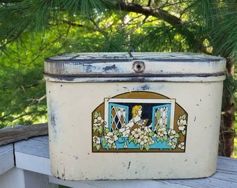 Distressed Small DELUXE Metal Bread Box with Lady In Window 1950's Retro Kitchen Storage #1025