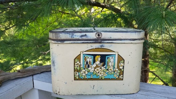 Distressed Small DELUXE Metal Bread Box With Lady in Window 1950s
