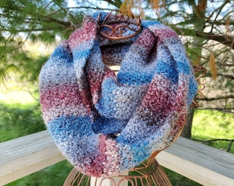 Crochet Infinity Scarf / Turquoise, Gray, Maroon, & Brown Soft Crochet Scarf / Gift for Her / Winter Circle Scarf / Ready To Ship!