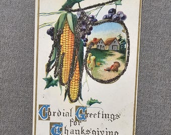 Thanksgiving Greetings Postcard Corn & Country Scene Collectible Ephemera