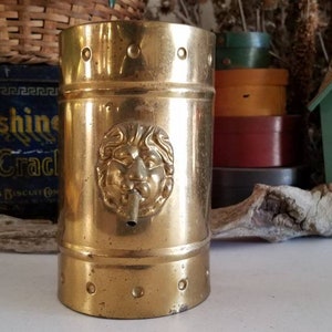 Brass Hanging Wall Pocket with Lion Head Accent and Spout Tube Vintage Home Decor