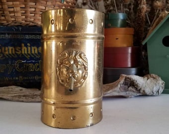 Brass Hanging Wall Pocket with Lion Head Accent and Spout Tube Vintage Home Decor