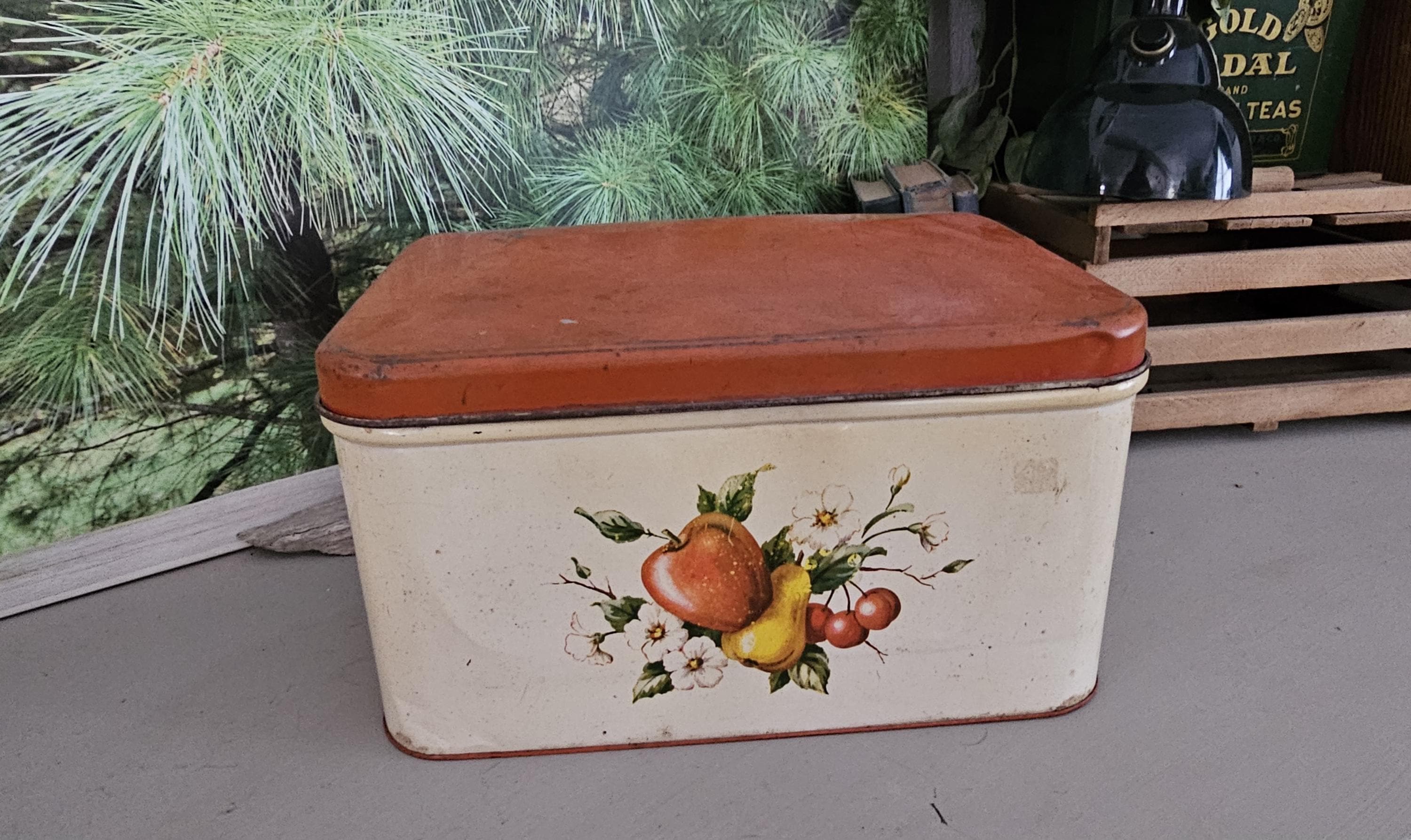 1950s Decoware Metal Bread Box Red Hinged Lid With Apple