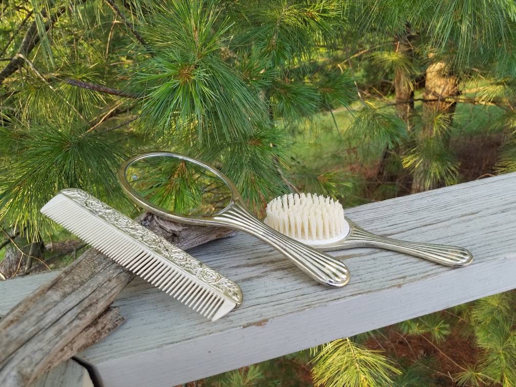 Vtg.1960’s Silver-tone Vanity Set of 3 Pieces Handheld Mirror, Brush and Comb SALE ***Vintage 1960s 3 Piece Silver Mirror, Brush & Comb  main image 2