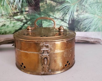 Round 6 Inch Brass Cricket Box   with Latch & Handle Vintage Brass Home Decor  #2823