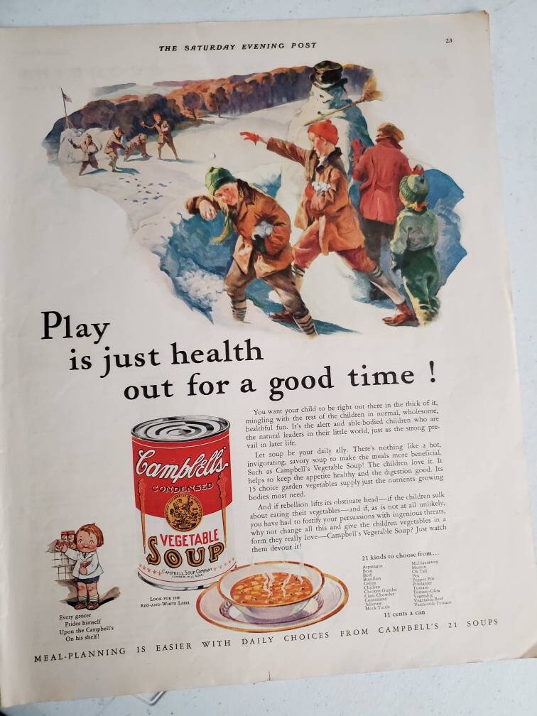 1932 Campbell's Tomato Soup Magazine Ad With Play is Just Health