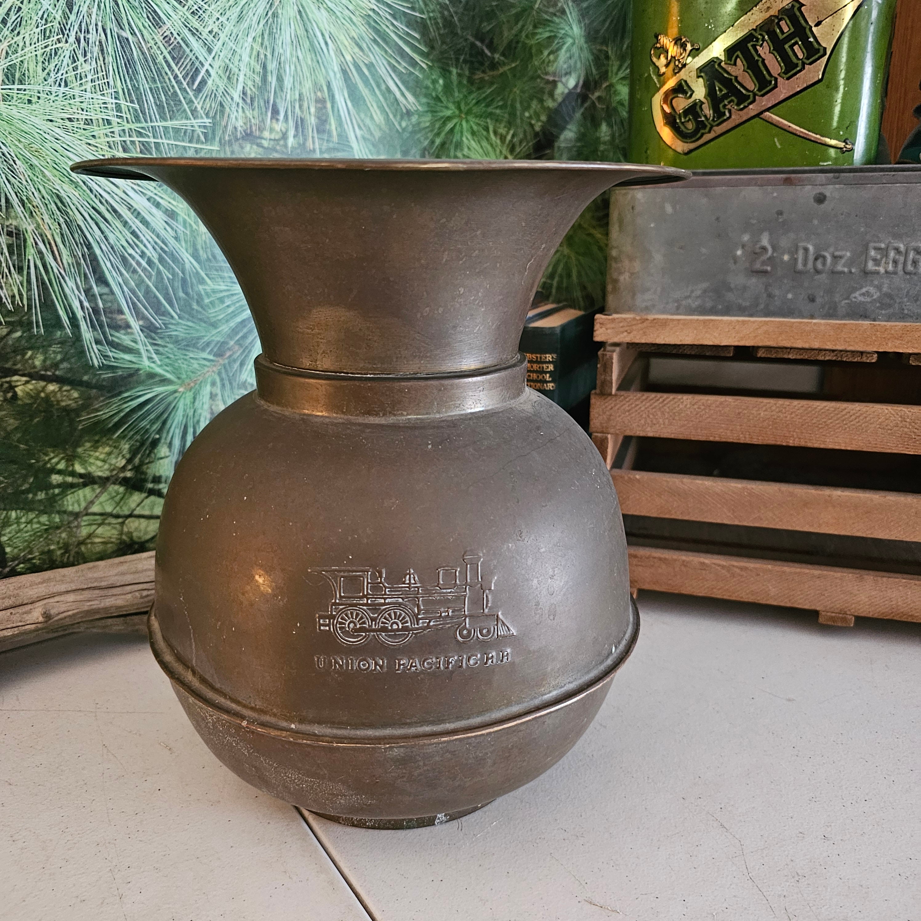 Tarnished, Dented, & Distressed Brass Spittoon Union Pacific Railroad, Vintage Home Decor, Brass Railroad Cuspidor  #4004