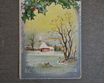 Antique Christmas Postcard: Season's Greetings House In The Snow Holly Border