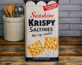Vintage Sunshine Krispy Saltine Cracker Tin, Red White Blue Kitchen Storage #3622